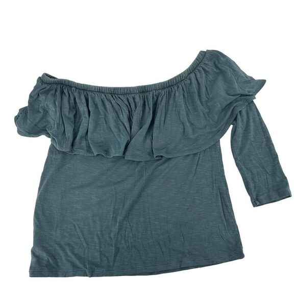 American Eagle One Shoulder Ruffle Top Green Womens Size XS Boho Half Sleeve Top - Picture 2 of 5
